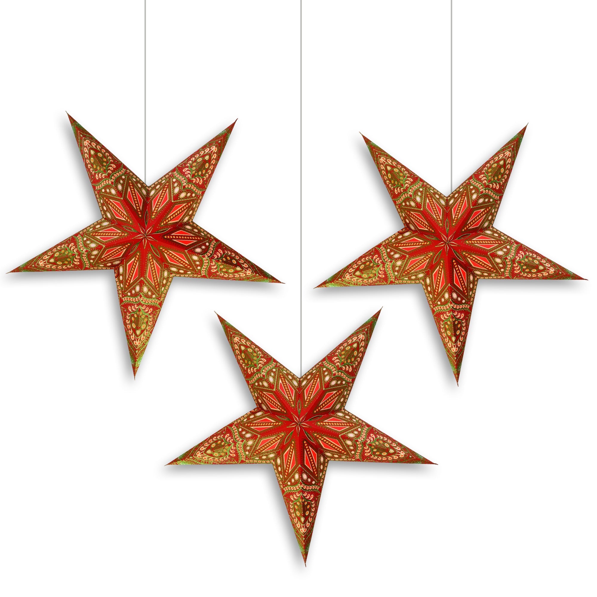 3-PACK | 24 Inch Paper Star Lantern, Red Green Twilight KIT with Triple Pendant Light Included