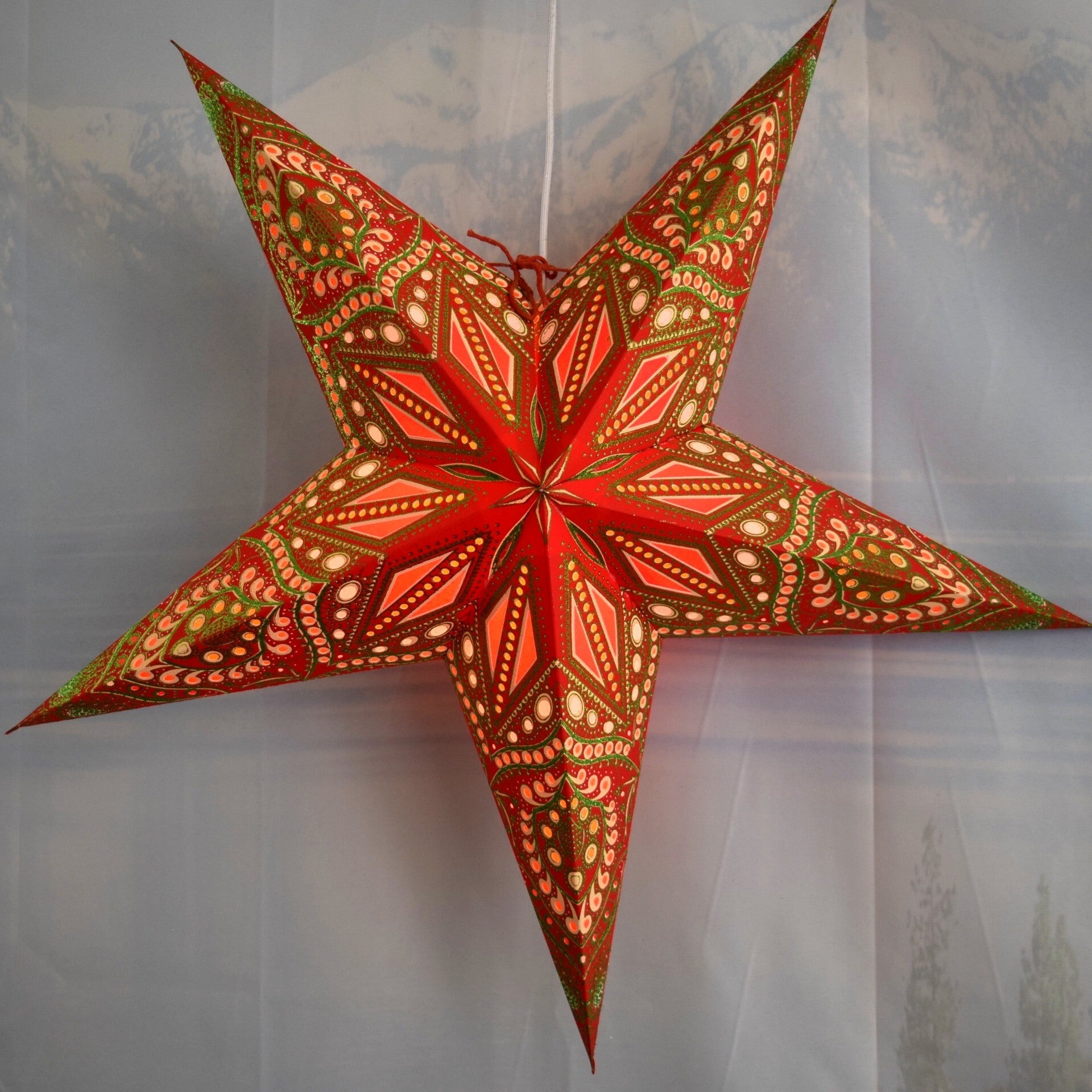 3-PACK | 24 Inch Paper Star Lantern, Red Green Twilight KIT with Triple Pendant Light Included