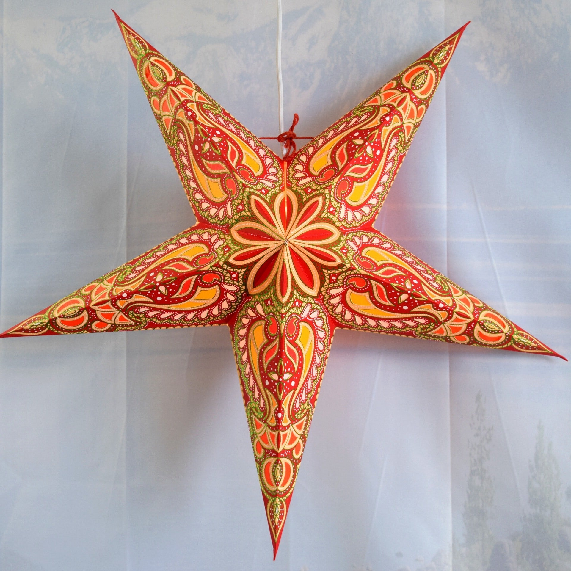 24 Inch Paper Star Lantern, Red Green Stellar Bloom Glitter