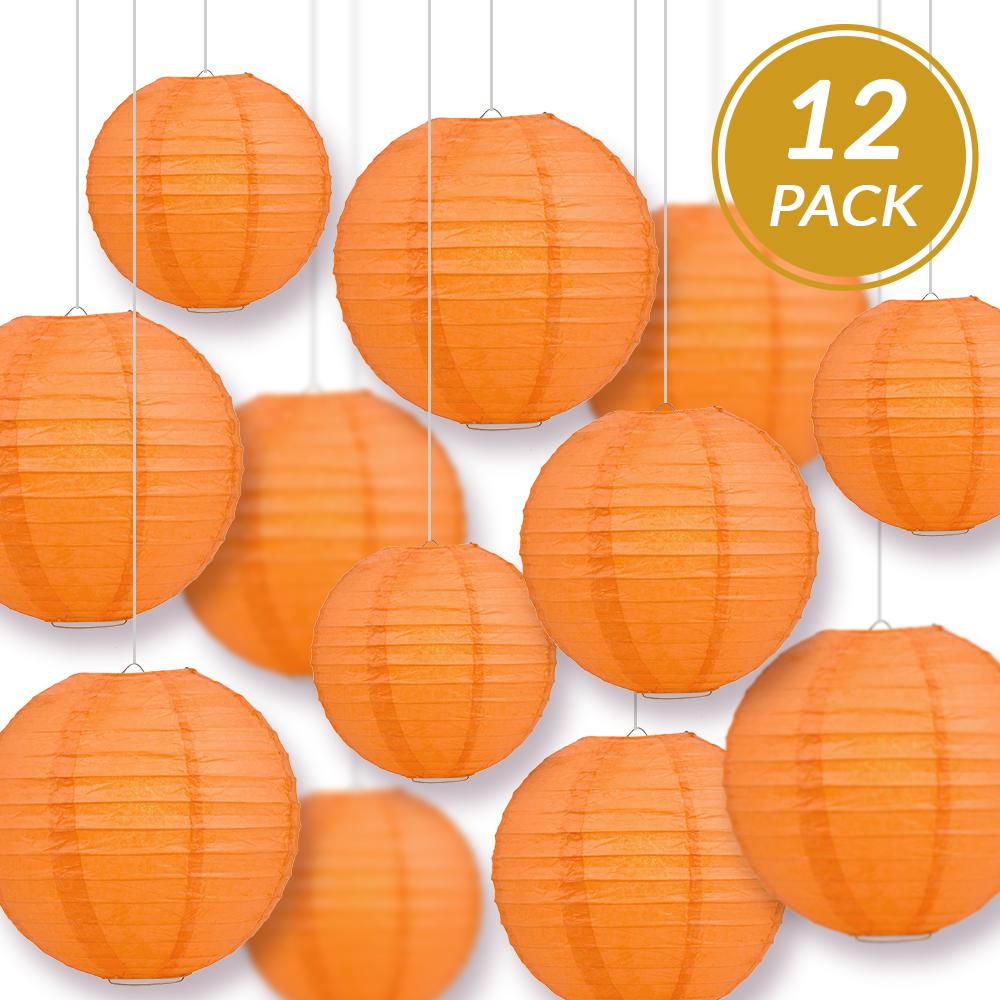 12 PACK  12 Inch Peach / Orange Coral Even Ribbing Round Paper Lantern,  Hanging Combo Set -  - B2B Wholesale Lighting & Décor  since 2002