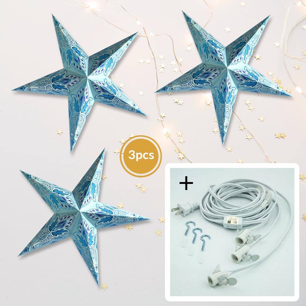 3-PACK + Cord | Turquoise Blue Lotus Glittered 24" Illuminated Paper Star Lanterns and Lamp Cord Hanging Decorations - AsianImportStore.com - B2B Wholesale Lighting and Decor