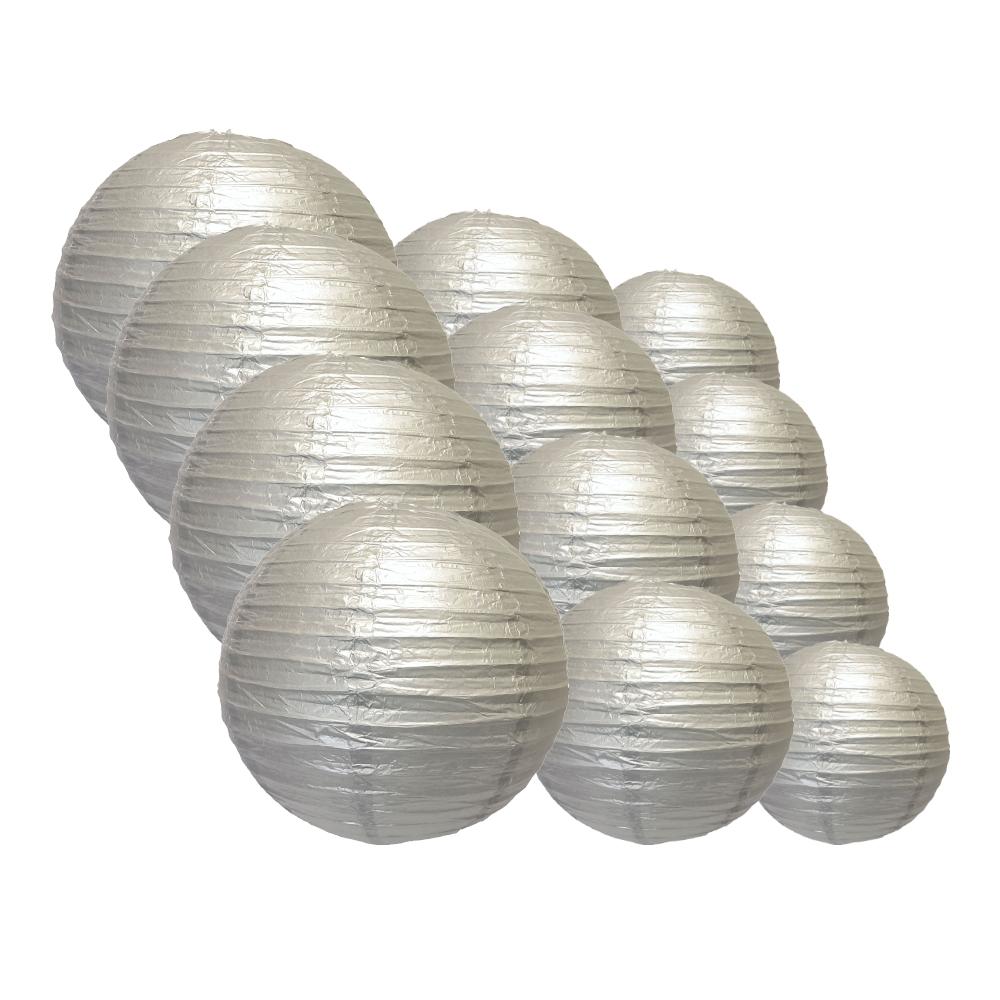 12-PC Silver Paper Lantern Chinese Hanging Wedding & Party Assorted Decoration Set, 12/10/8-Inch - AsianImportStore.com - B2B Wholesale Lighting and Decor