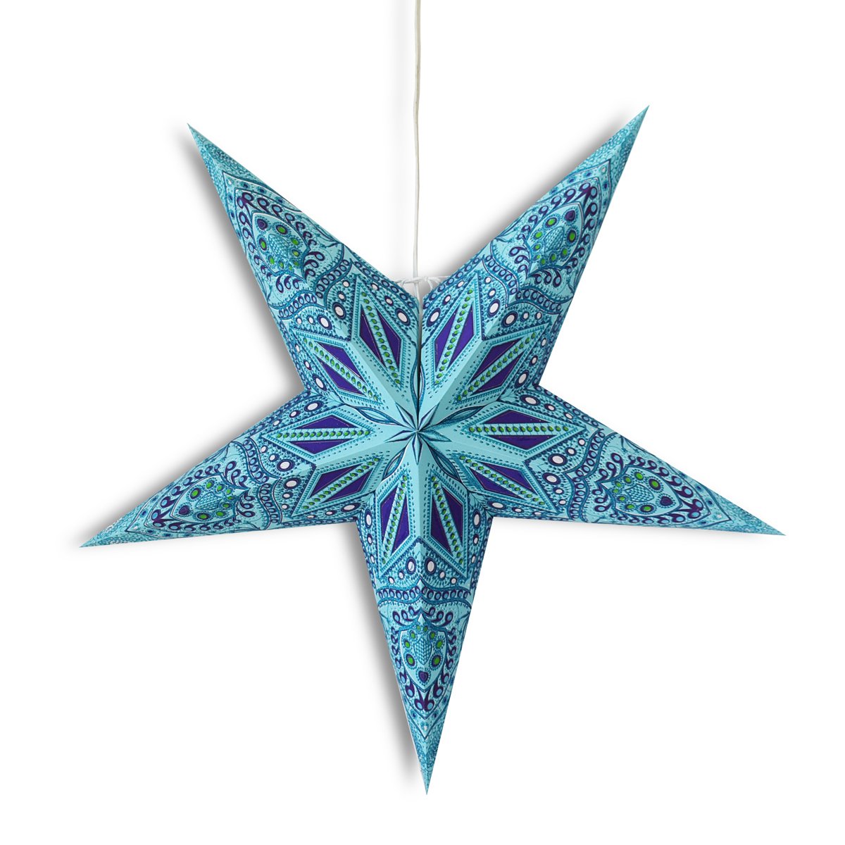 3-PACK + Cord | 24" Turquoise Crystal Glitter Paper Star Lantern and Lamp Cord Hanging Decoration - AsianImportStore.com - B2B Wholesale Lighting and Decor