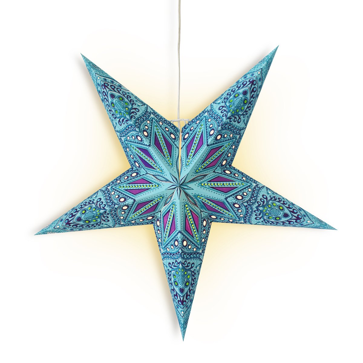 3-PACK + Cord | 24" Turquoise Crystal Glitter Paper Star Lantern and Lamp Cord Hanging Decoration - AsianImportStore.com - B2B Wholesale Lighting and Decor