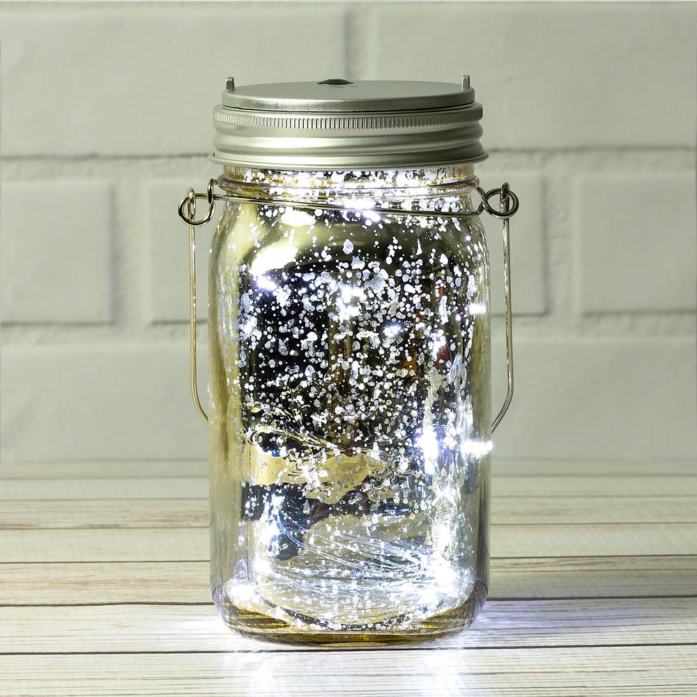 Fantado Wide Mouth Gold Mercury Glass Mason Jar w/ Hanging Cool White LED Fairy Light Kit (Battery Powered) - AsianImportStore.com - B2B Wholesale Lighting and Decor