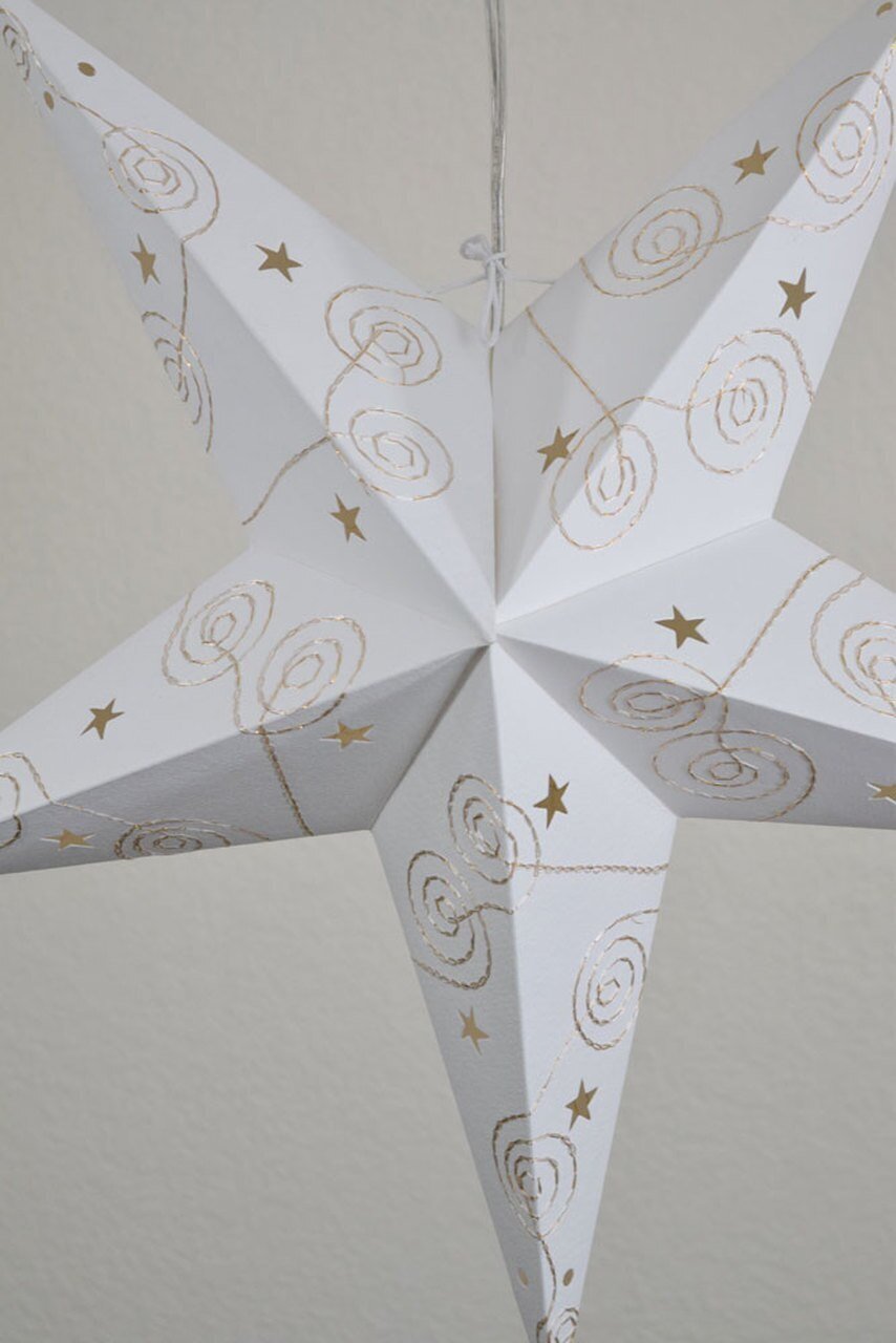  3-PACK + Cord | Gold & White Swirl Embroidery 24" Illuminated Paper Star Lanterns and Lamp Cord Hanging Decorations - AsianImportStore.com - B2B Wholesale Lighting and Decor