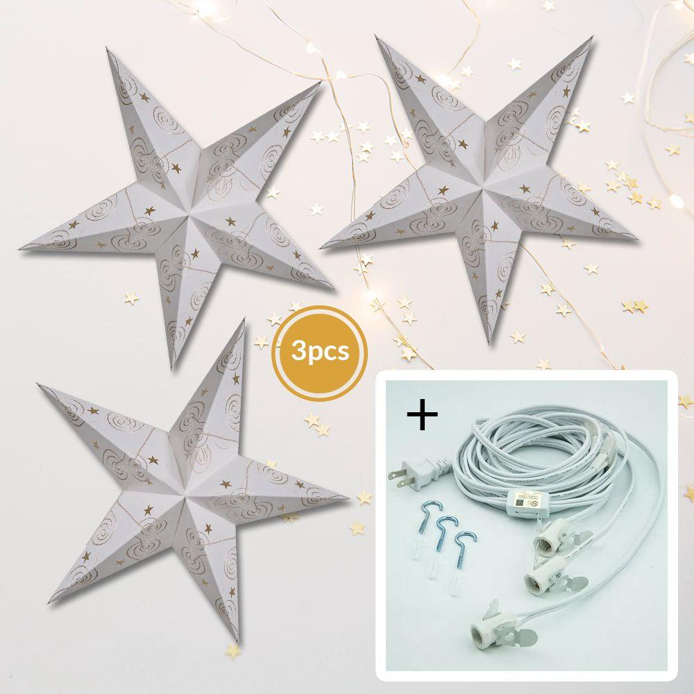  3-PACK + Cord | Gold & White Swirl Embroidery 24" Illuminated Paper Star Lanterns and Lamp Cord Hanging Decorations - AsianImportStore.com - B2B Wholesale Lighting and Decor