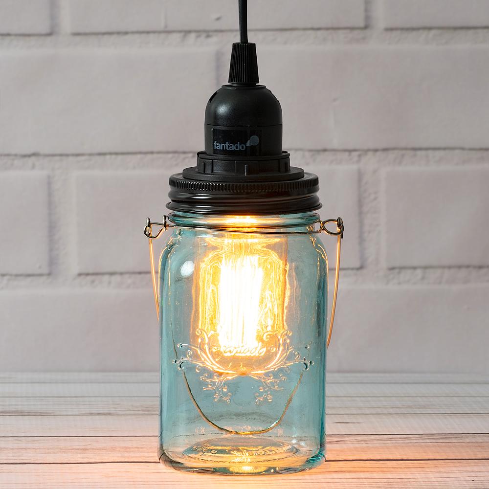 Water Blue Glass Mason Jar Pendant Light Kit, Regular Mouth, Black Cord, 15FT - AsianImportStore.com - B2B Wholesale Lighting and Decor