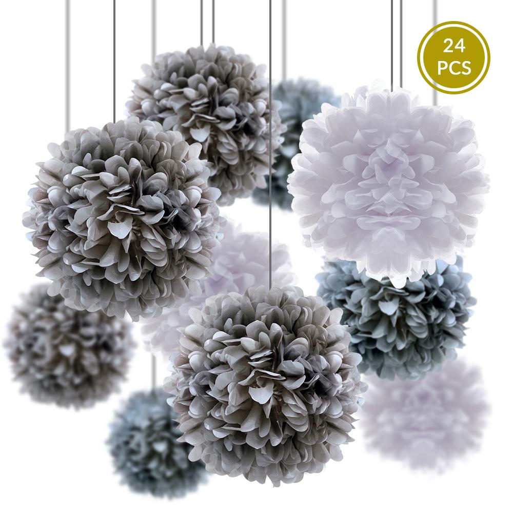 Blowout EZ-Fluff 20 Silver Tissue Paper Pom Poms Flowers Balls, Decorations (4 Pack)