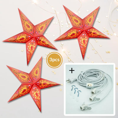 3-PACK + Cord | Red Tulip Cut 24" Illuminated Paper Star Lanterns and Lamp Cord Hanging Decorations - AsianImportStore.com - B2B Wholesale Lighting and Decor