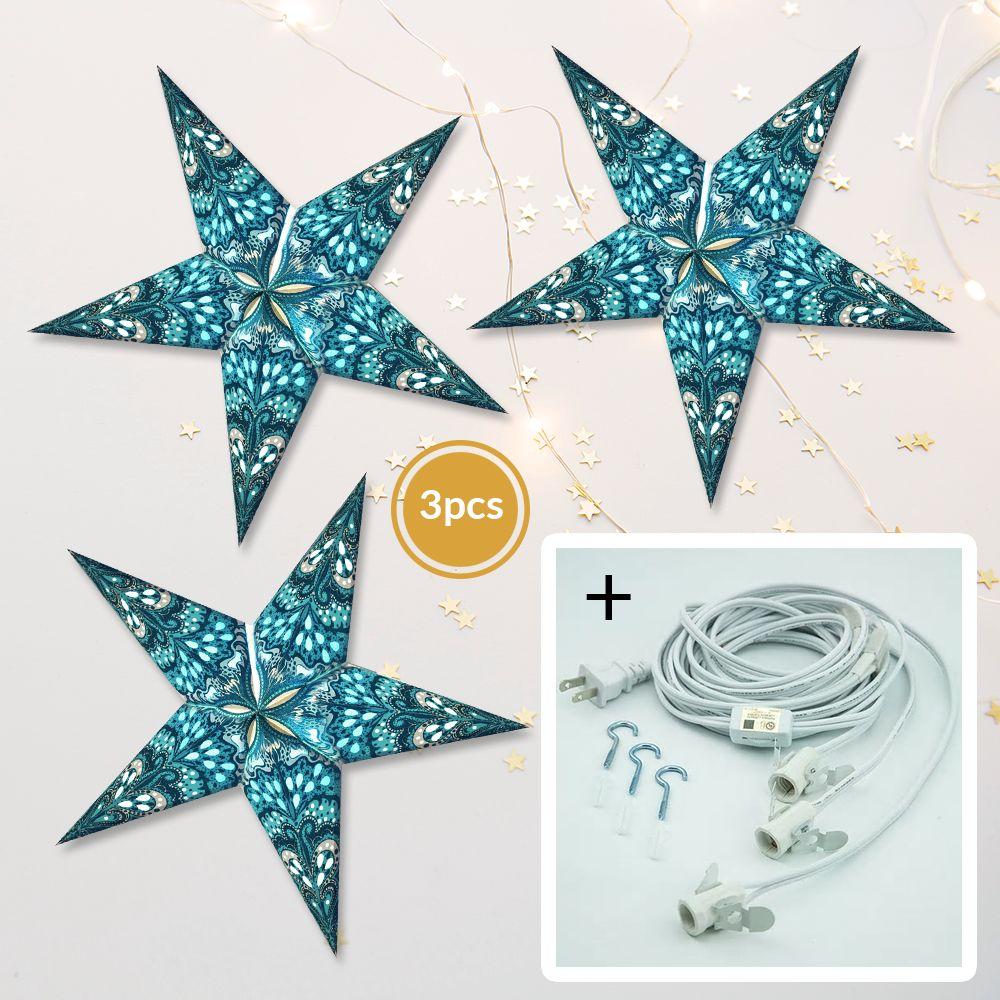 3-PACK + Cord | Turquoise Blue Heart's Desire Glitter 24" Illuminated Paper Star Lanterns and Lamp Cord Hanging Decorations - AsianImportStore.com - B2B Wholesale Lighting and Decor