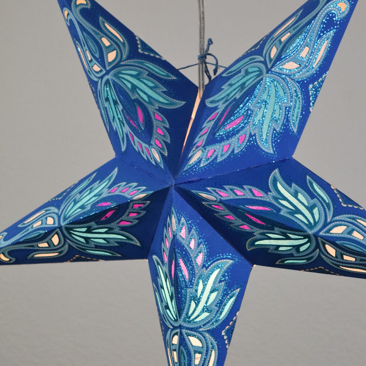 3-PACK + Cord | Dark Blue Lotus Glittered 24" Illuminated Paper Star Lanterns and Lamp Cord Hanging Decorations - AsianImportStore.com - B2B Wholesale Lighting and Decor