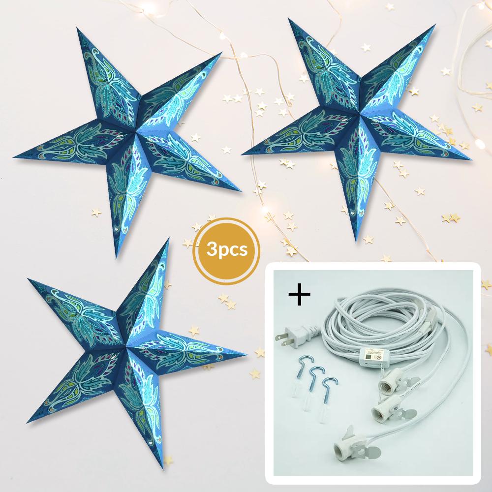 3-PACK + Cord | Dark Blue Lotus Glittered 24" Illuminated Paper Star Lanterns and Lamp Cord Hanging Decorations - AsianImportStore.com - B2B Wholesale Lighting and Decor