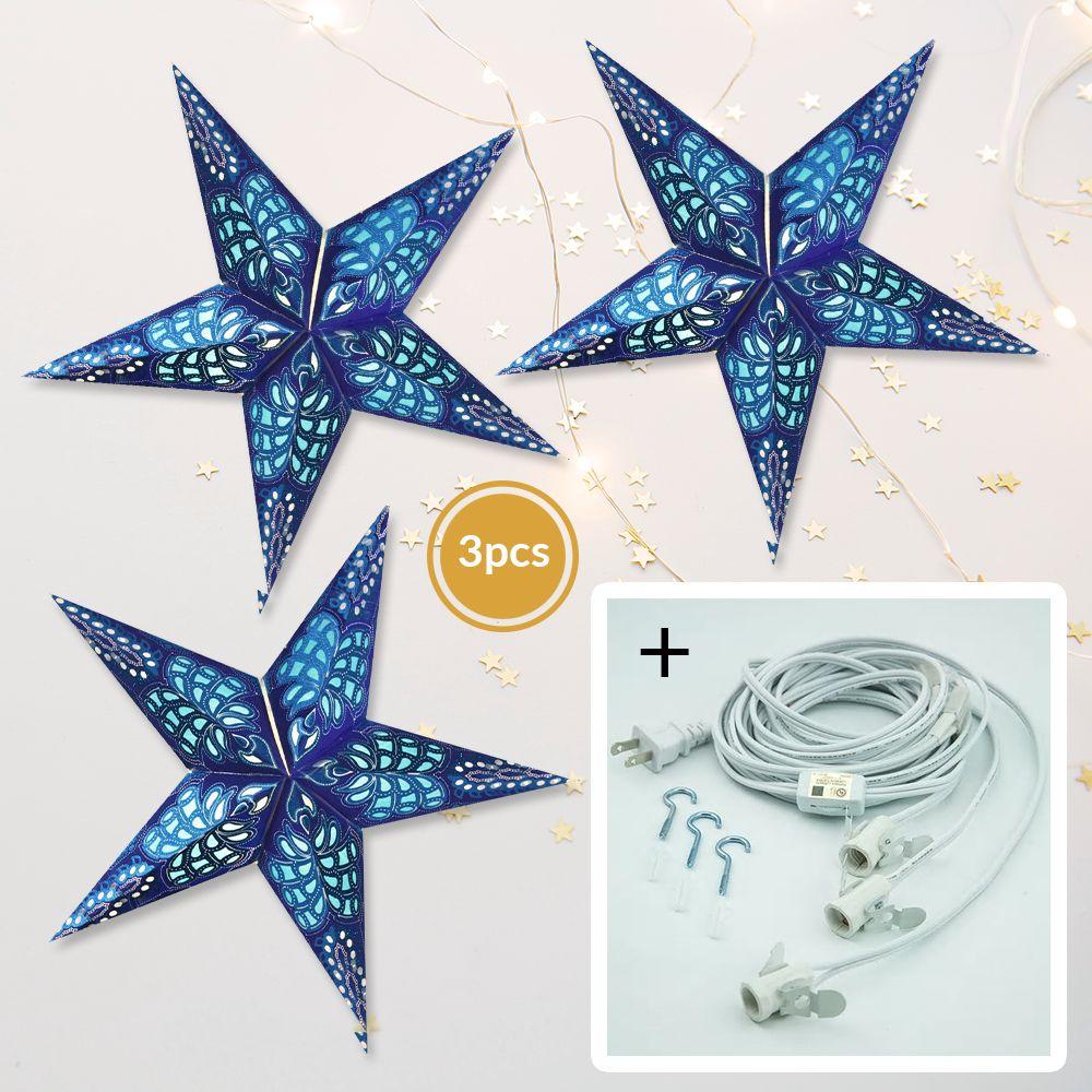 3-PACK + Cord | Blue Monarch Glitter 24" Illuminated Paper Star Lanterns and Lamp Cord Hanging Decorations - AsianImportStore.com - B2B Wholesale Lighting and Decor