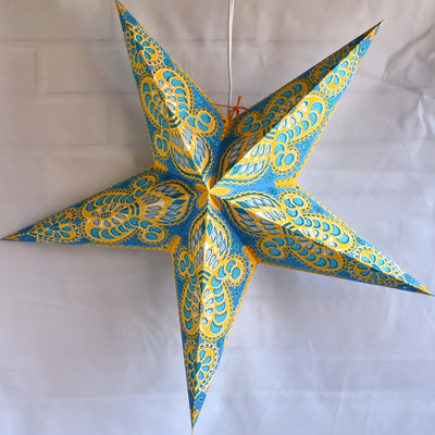 3-PACK + Cord | Turquoise Blue and Yellow Glitter Peacock 24" Illuminated Paper Star Lanterns and Lamp Cord Hanging Decorations - AsianImportStore.com - B2B Wholesale Lighting and Decor