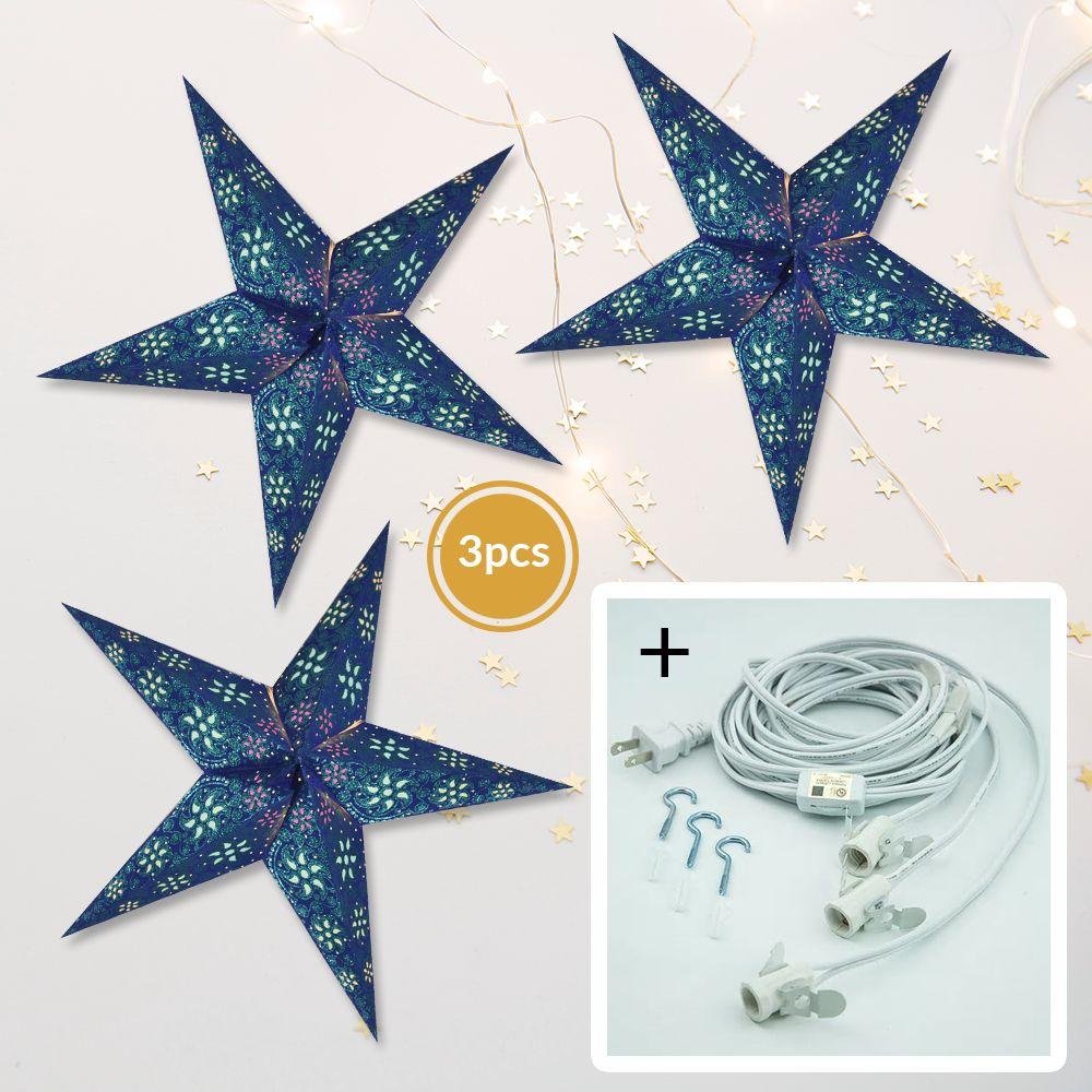 3-PACK + Cord | Dark Blue Winds Glitter 24" Illuminated Paper Star Lanterns and Lamp Cord Hanging Decorations - AsianImportStore.com - B2B Wholesale Lighting and Decor