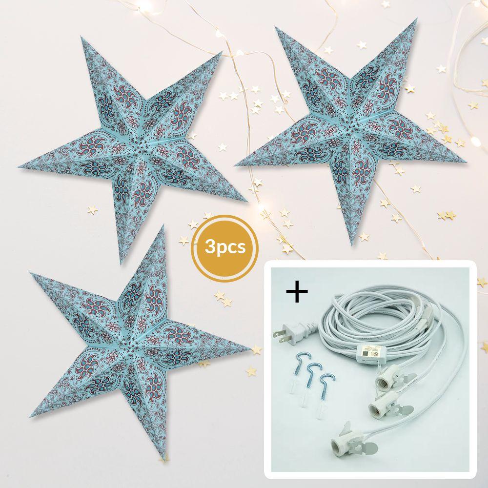  3-PACK + Cord | Turquoise Blue Winds Glitter 24" Illuminated Paper Star Lanterns and Lamp Cord Hanging Decorations - AsianImportStore.com - B2B Wholesale Lighting and Decor