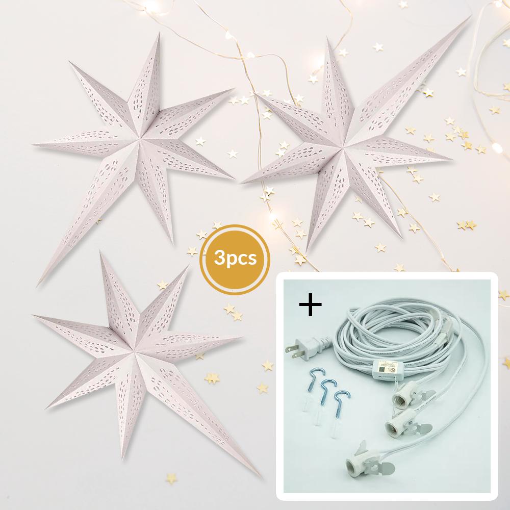 3-PACK + Cord | White Long Tail 36" Illuminated Paper Star Lanterns and Lamp Cord Hanging Decorations - AsianImportStore.com - B2B Wholesale Lighting and Decor