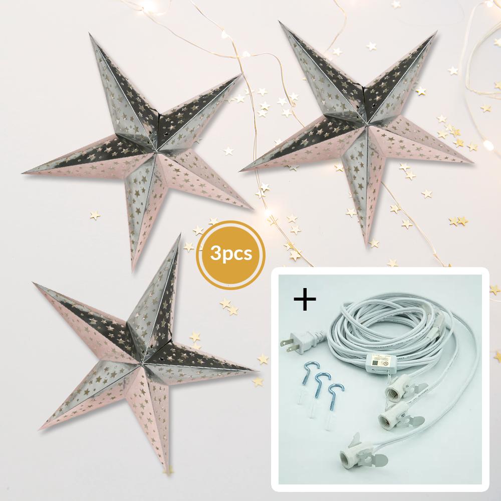 3-PACK + Cord | Silver Starry Night 26" Illuminated Paper Star Lanterns and Lamp Cord Hanging Decorations - AsianImportStore.com - B2B Wholesale Lighting and Decor