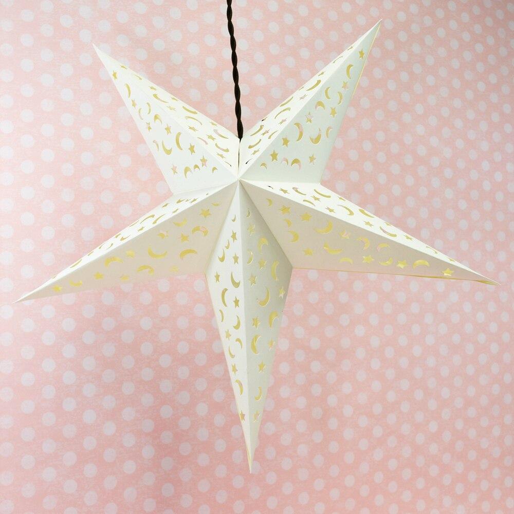 3-PACK + Cord | White Moon and Stars 24" Illuminated Paper Star Lanterns and Lamp Cord Hanging Decorations - AsianImportStore.com - B2B Wholesale Lighting and Decor