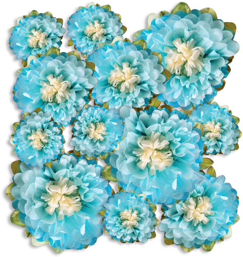  12-Pack Turquoise Blue Multi-Color Tissue Paper Flower Decorations, EZ-Fluff - AsianImportStore.com - B2B Wholesale Lighting and Decor