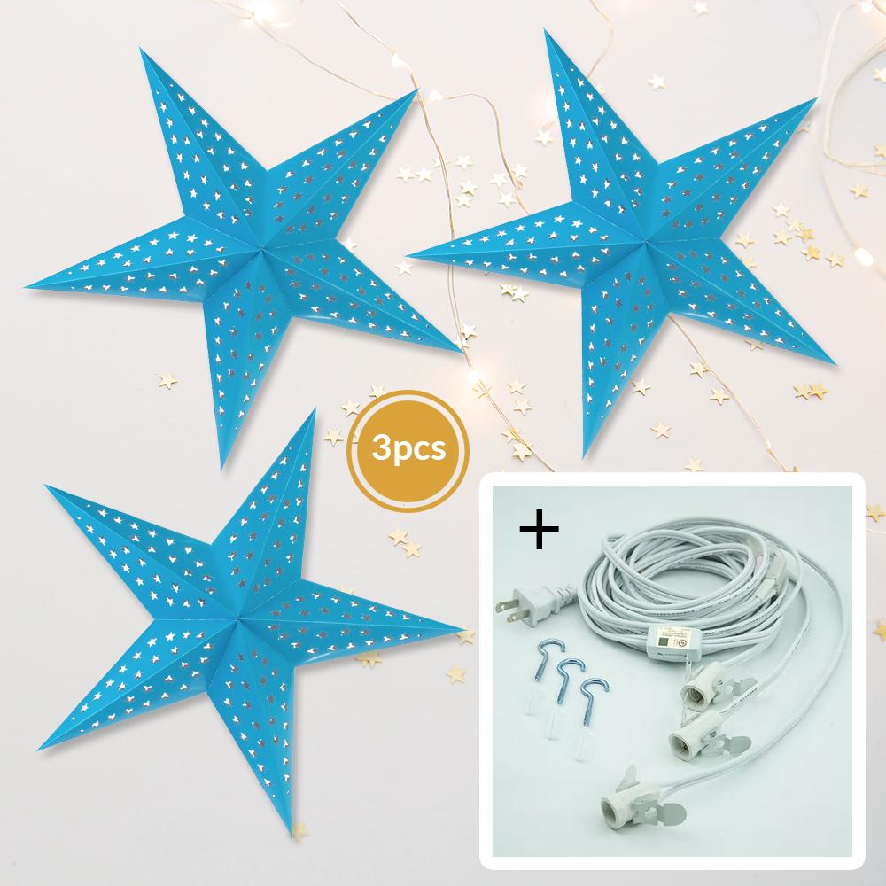 3-PACK + Cord | Turquoise Blue Starry Night 24" Illuminated Paper Star Lanterns and Lamp Cord Hanging Decorations - AsianImportStore.com - B2B Wholesale Lighting and Decor