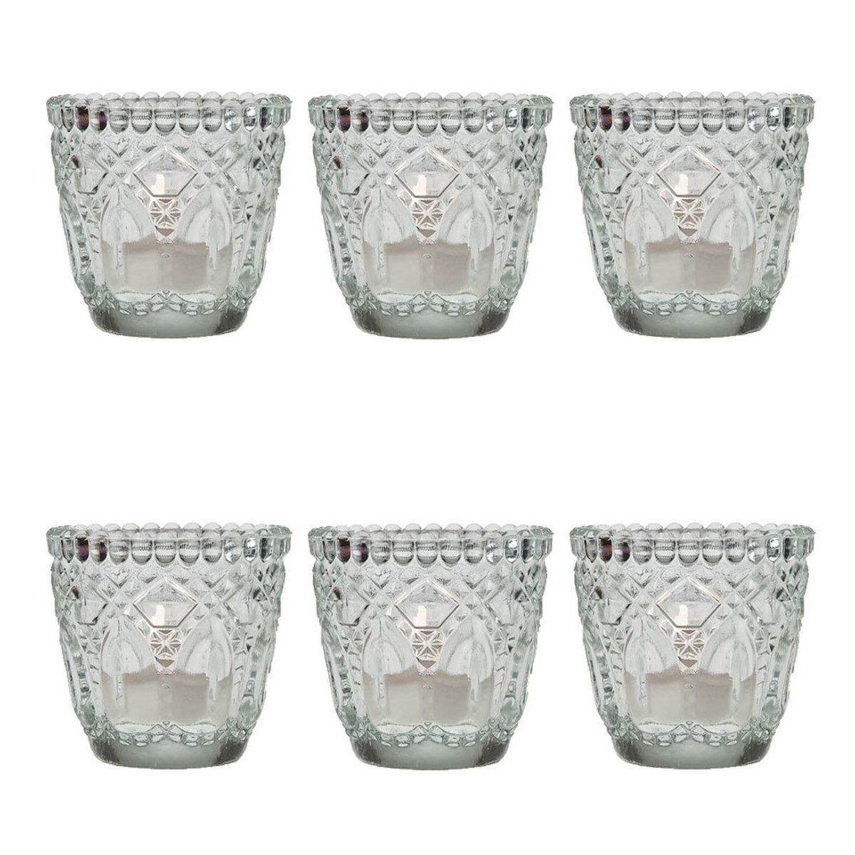 6 Pack | Faceted Vintage Glass Candle Holders (2.75-Inch, Lillian Design, Clear) - Use with Tea Lights - For Home Decor, Parties and Wedding Decorations - AsianImportStore.com - B2B Wholesale Lighting & Decor since 2002
