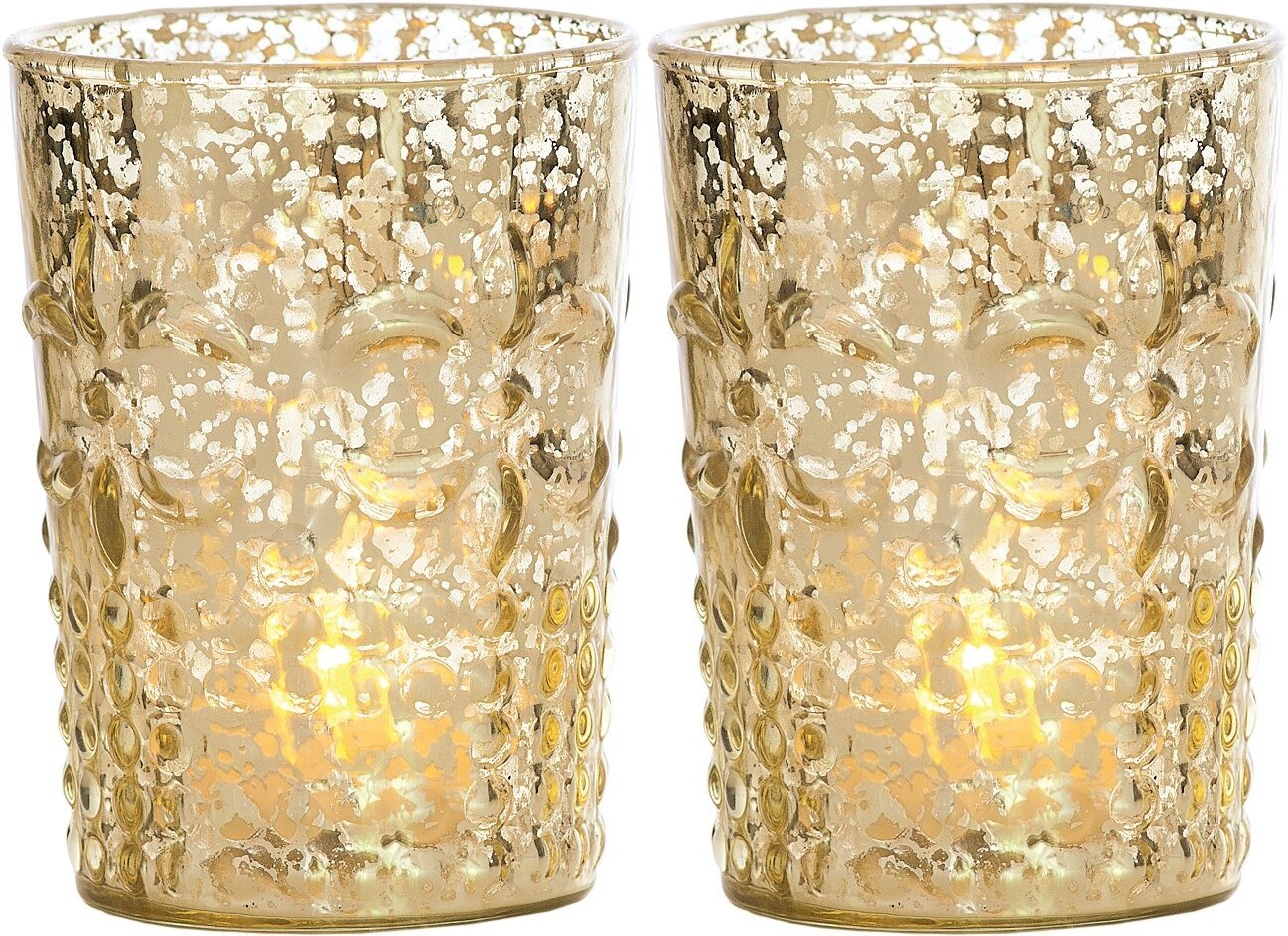 Vintage Mercury Glass Candle Holder (4-Inch, Fleur Design, Flower Motif, Gold, Set of 2) - For Home Decor, Party Decorations, and Wedding Centerpieces - AsianImportStore.com - B2B Wholesale Lighting and Decor