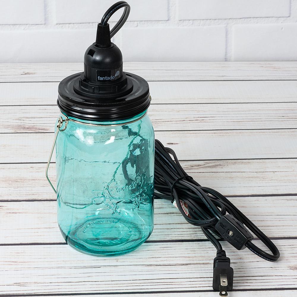 Fantado Water Blue Glass Mason Jar Pendant Light Kit, Wide Mouth, Black Cord, 15FT - AsianImportStore.com - B2B Wholesale Lighting and Decor