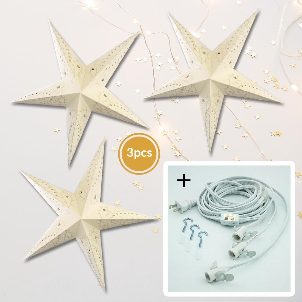 3-PACK + Cord | White Embroidery 24" Illuminated Paper Star Lanterns and Lamp Cord Hanging Decorations - AsianImportStore.com - B2B Wholesale Lighting and Decor