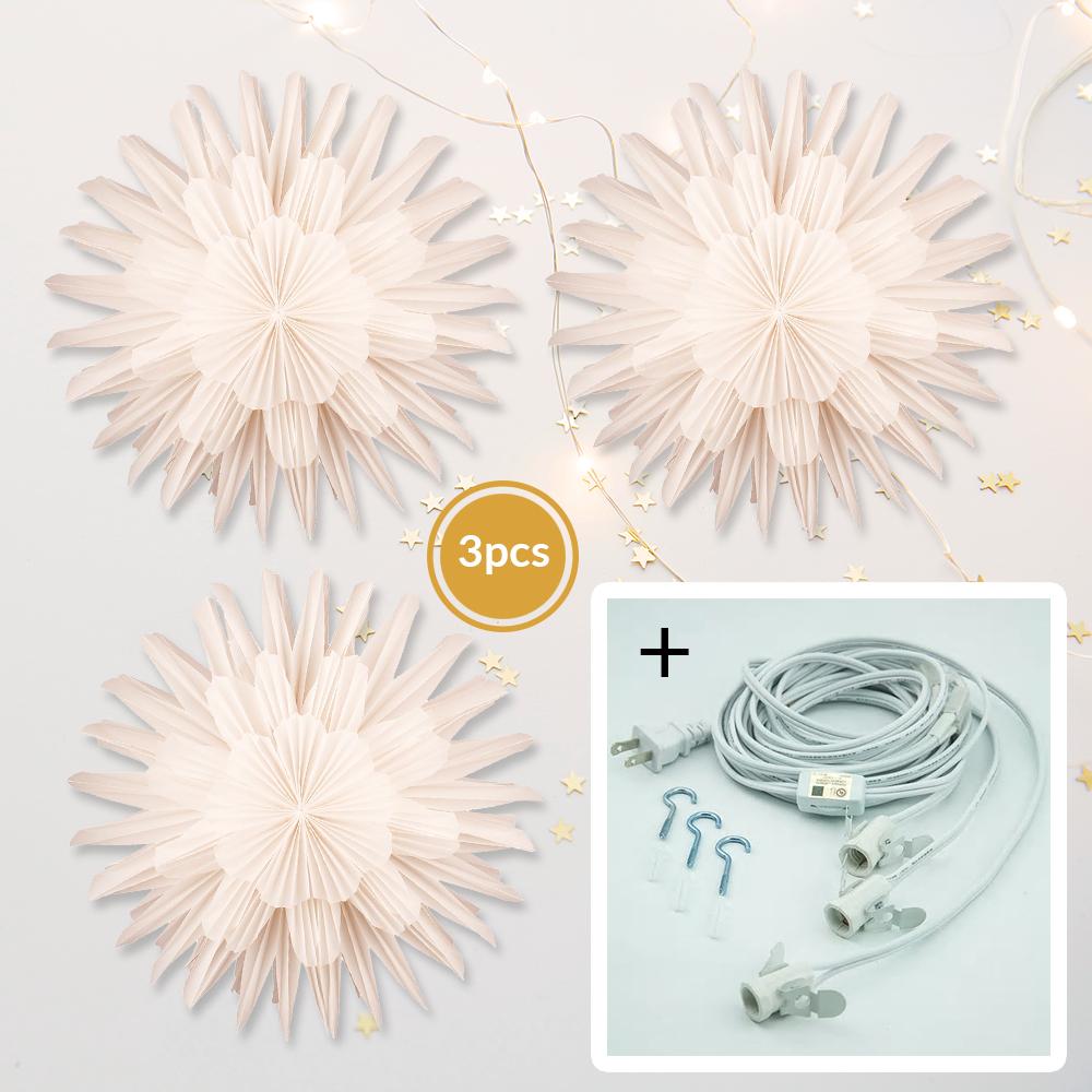  3-PACK + Cord | White Freddo Pizzelle 17" Designer Illuminated Paper Star Lanterns and Lamp Cord Hanging Decorations - AsianImportStore.com - B2B Wholesale Lighting and Decor
