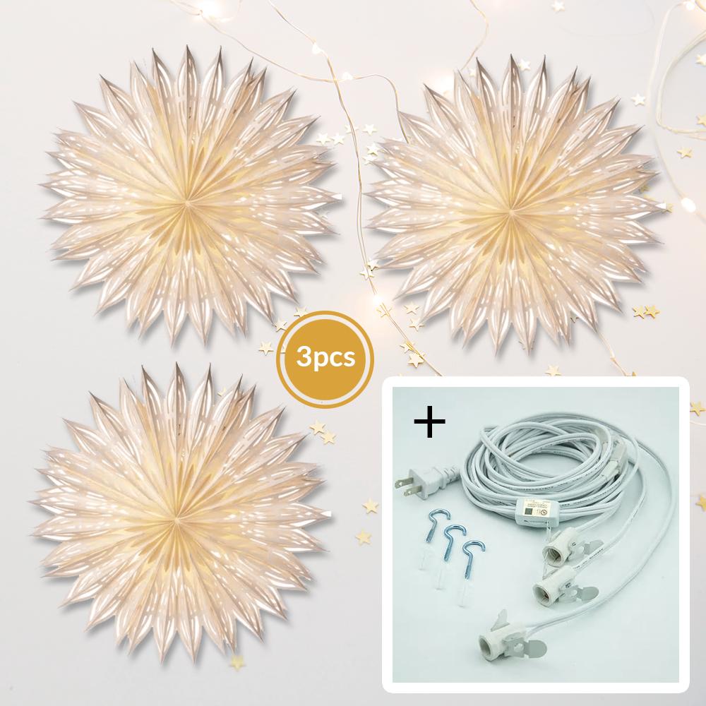  3-PACK + Cord | White Girasole 24" Pizzelle Designer Illuminated Paper Star Lanterns and Lamp Cord Hanging Decorations - AsianImportStore.com - B2B Wholesale Lighting and Decor