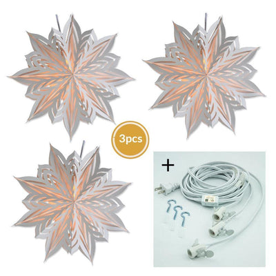 3-PACK + Cord | White Winter Rune 18" Pizzelle Designer Illuminated Paper Star Lanterns and Lamp Cord Hanging Decorations - AsianImportStore.com - B2B Wholesale Lighting and Decor