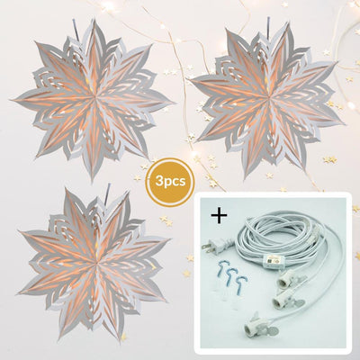 3-PACK + Cord | White Winter Rune 18" Pizzelle Designer Illuminated Paper Star Lanterns and Lamp Cord Hanging Decorations - AsianImportStore.com - B2B Wholesale Lighting and Decor