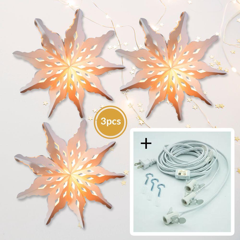 3-PACK + Cord | White Winter Diamond 27" Pizzelle Designer Illuminated Paper Star Lanterns and Lamp Cord Hanging Decorations - AsianImportStore.com - B2B Wholesale Lighting and Decor