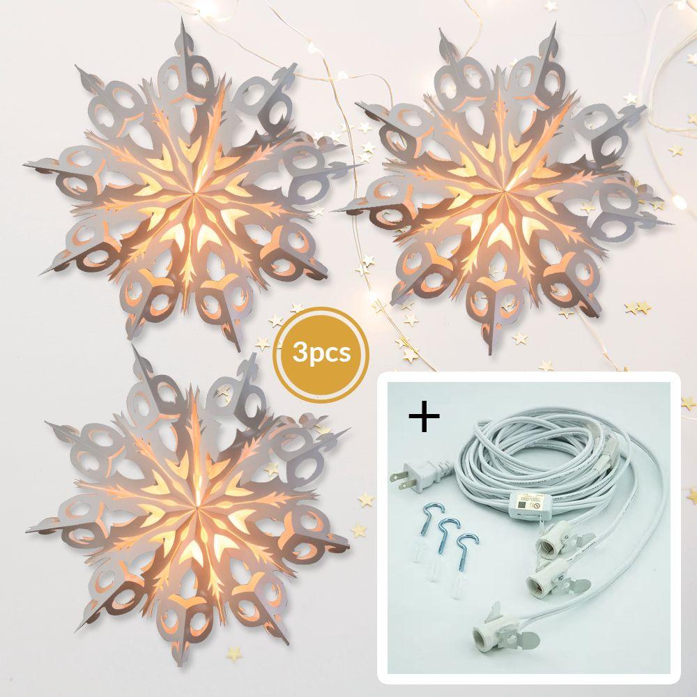 3-PACK + Cord | White Winter Frozen 24" Pizzelle Designer Illuminated Paper Star Lanterns and Lamp Cord Hanging Decorations - AsianImportStore.com - B2B Wholesale Lighting and Decor