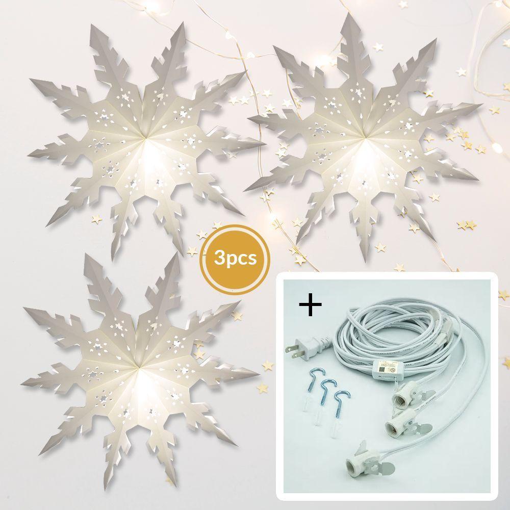 3-PACK + Cord | White Winter Peppermint 24" Pizzelle Designer Illuminated Paper Star Lanterns and Lamp Cord Hanging Decorations - AsianImportStore.com - B2B Wholesale Lighting and Decor