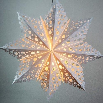 3-PACK + Cord | White Solstice 24" Pizzelle Designer Illuminated Paper Star Lanterns and Lamp Cord Hanging Decorations - AsianImportStore.com - B2B Wholesale Lighting and Decor