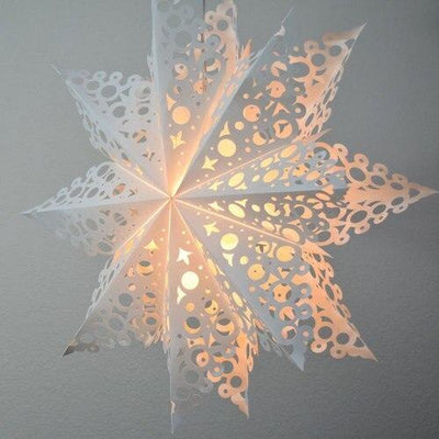 3-PACK + Cord | White Solstice 24" Pizzelle Designer Illuminated Paper Star Lanterns and Lamp Cord Hanging Decorations - AsianImportStore.com - B2B Wholesale Lighting and Decor