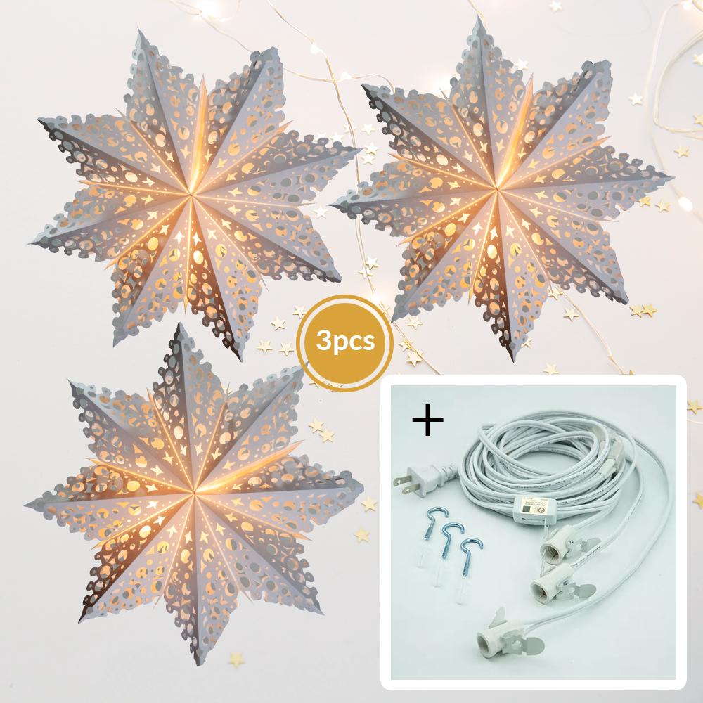 3-PACK + Cord | White Solstice 24" Pizzelle Designer Illuminated Paper Star Lanterns and Lamp Cord Hanging Decorations - AsianImportStore.com - B2B Wholesale Lighting and Decor